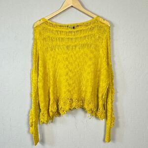 POL Women's Size Small Yellow Open Cable Knit Messy Sheer Long Sleeve Sweater